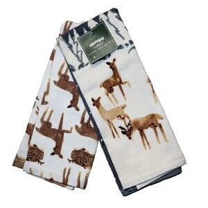 Midnight Forest Deer in Snow Kitchen Towels 2-Pc Holiday Cotton Lodge Gift NEW